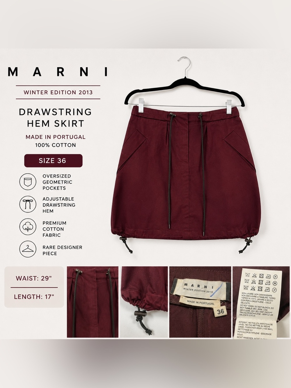 Marni Winter Edition 2013 Burgundy Drawstring Hem Mini Skirt Size 36 - women's S
